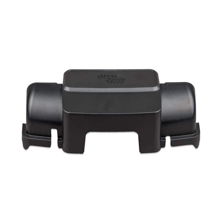 A black plastic conduit clamp with a rectangular center and two cylindrical ends, used for securing pipes or cables.
