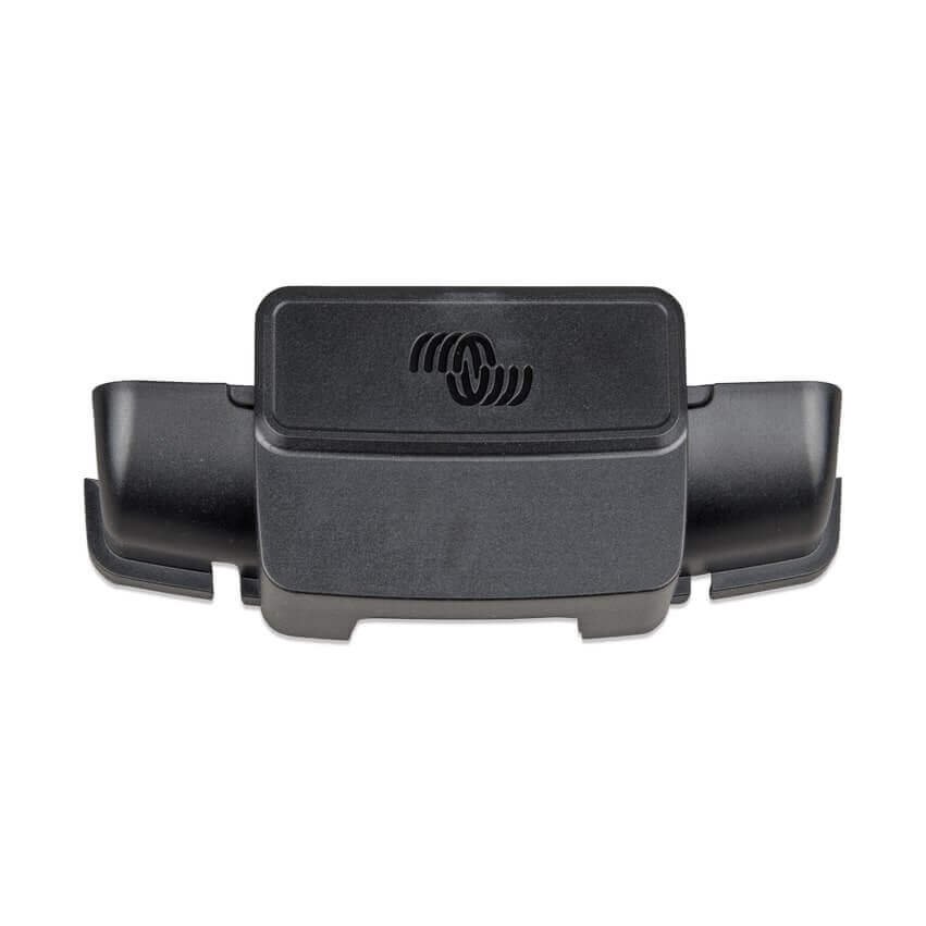 Black plastic car phone holder with a grip and adjustable base, featuring a decorative logo on the front.