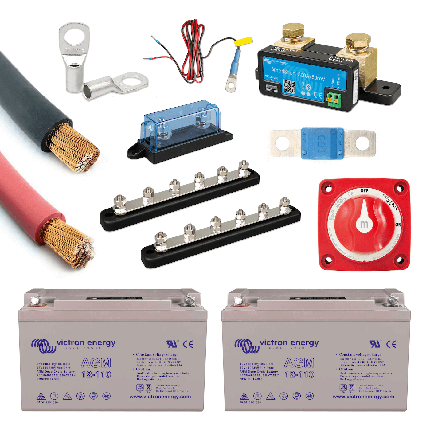 Victron AGM battery kit w. 150A busbar 12V kit - Pick from 110Ah-260Ah battery bank