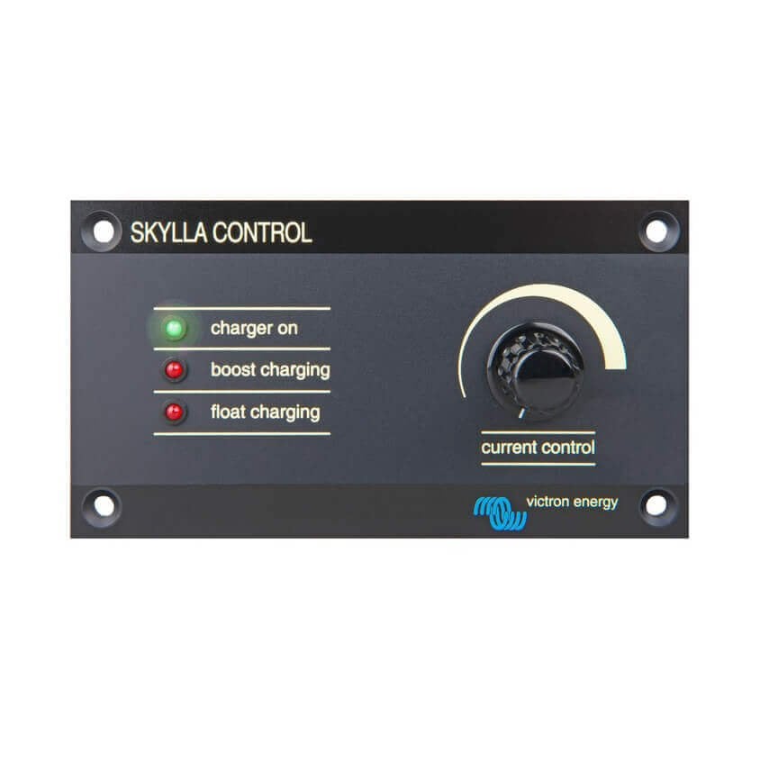 Close-up of a Victron Skylla Control CE panel, featuring labeled LED indicators and a current control knob.