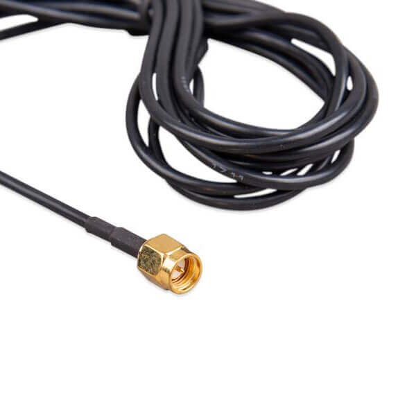 A Victron Energy Active GPS Antenna with a gold-plated connector at one end, resembling those used in Victron Energy systems, isolated on a white background.