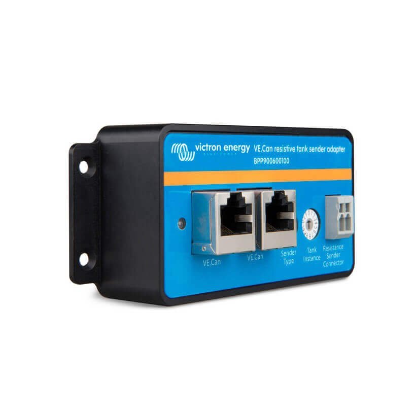 A blue and black Victron VE.Can Resistive Tank Sender Adapter with two Ethernet ports and a labeled interface panel.