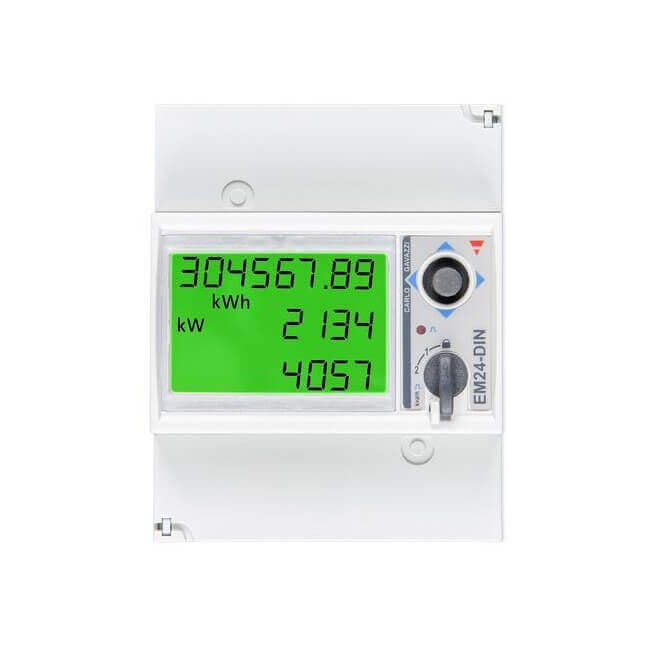Victron Energy Meter EM24 - 3 phase - max 65A/phase with a green display screen showing energy usage and other metrics, compatible with 3 phase power systems and supporting up to 65A/phase.