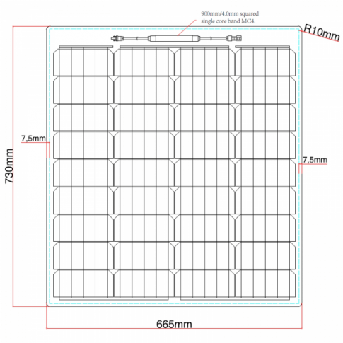 Diagram of a rectangular solar panel with dimensions labeled: 730mm by 665mm, 7.5mm border, 810mm cable length.