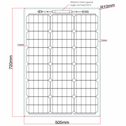 Technical diagram of a rectangular solar panel with dimensions labeled: 720mm x 505mm, and other specifications noted.
