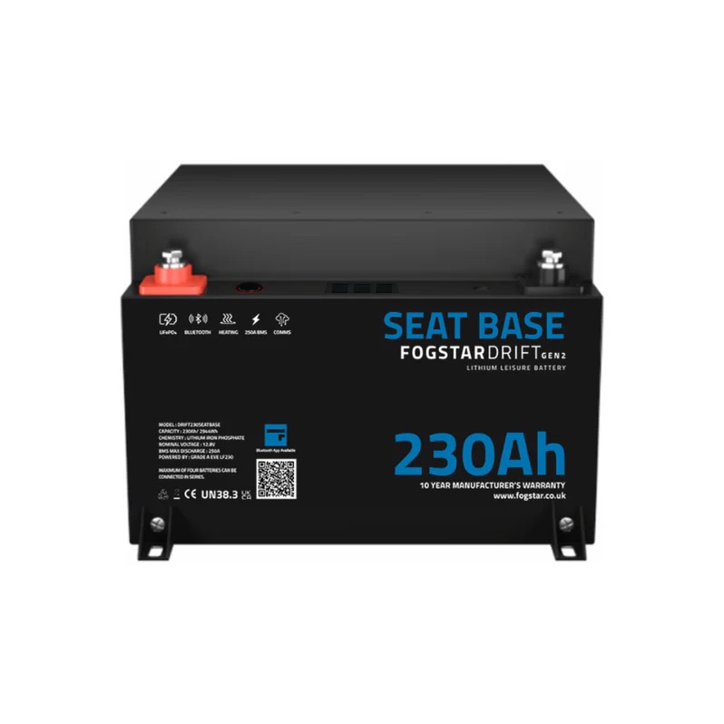 The Fogstar Drift Seatbase - 230Ah 12V lithium leisure battery features connection terminals and a 10-year warranty label.