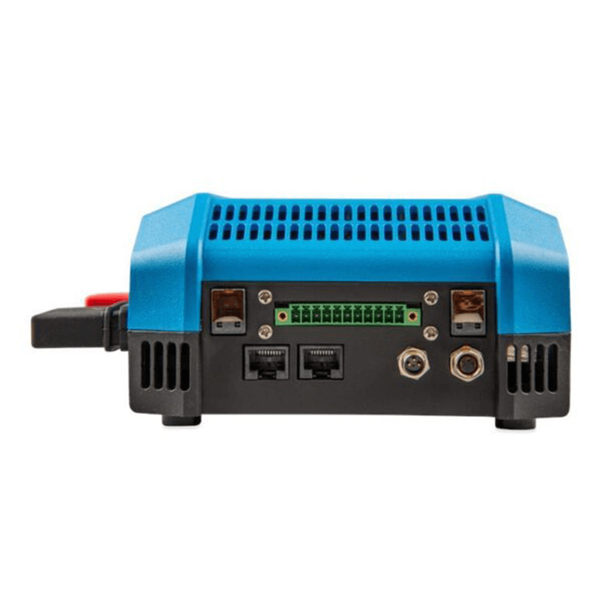The Victron Lynx Smart BMS and Smart Shunt Battery Management - 500A is a blue and black electronic device with multiple ports and connectors on the front.