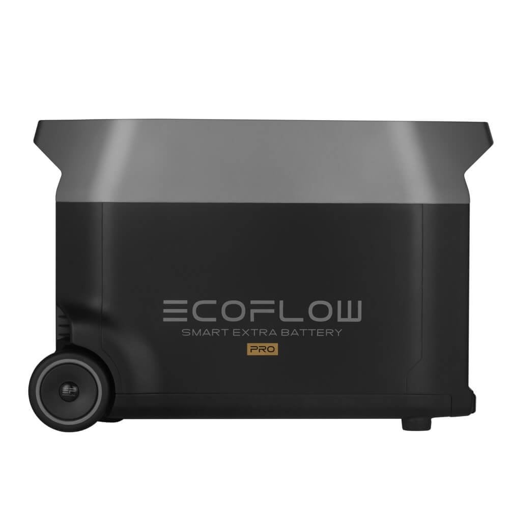 Black and gray EcoFlow Pro smart extra battery with wheels on one side for mobility.