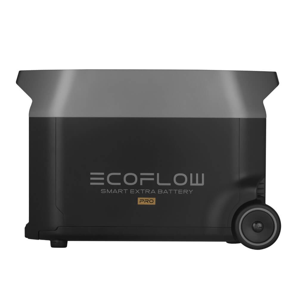 A black EcoFlow Smart Extra Battery with wheels, featuring a sleek design and the "Pro" label at the bottom.