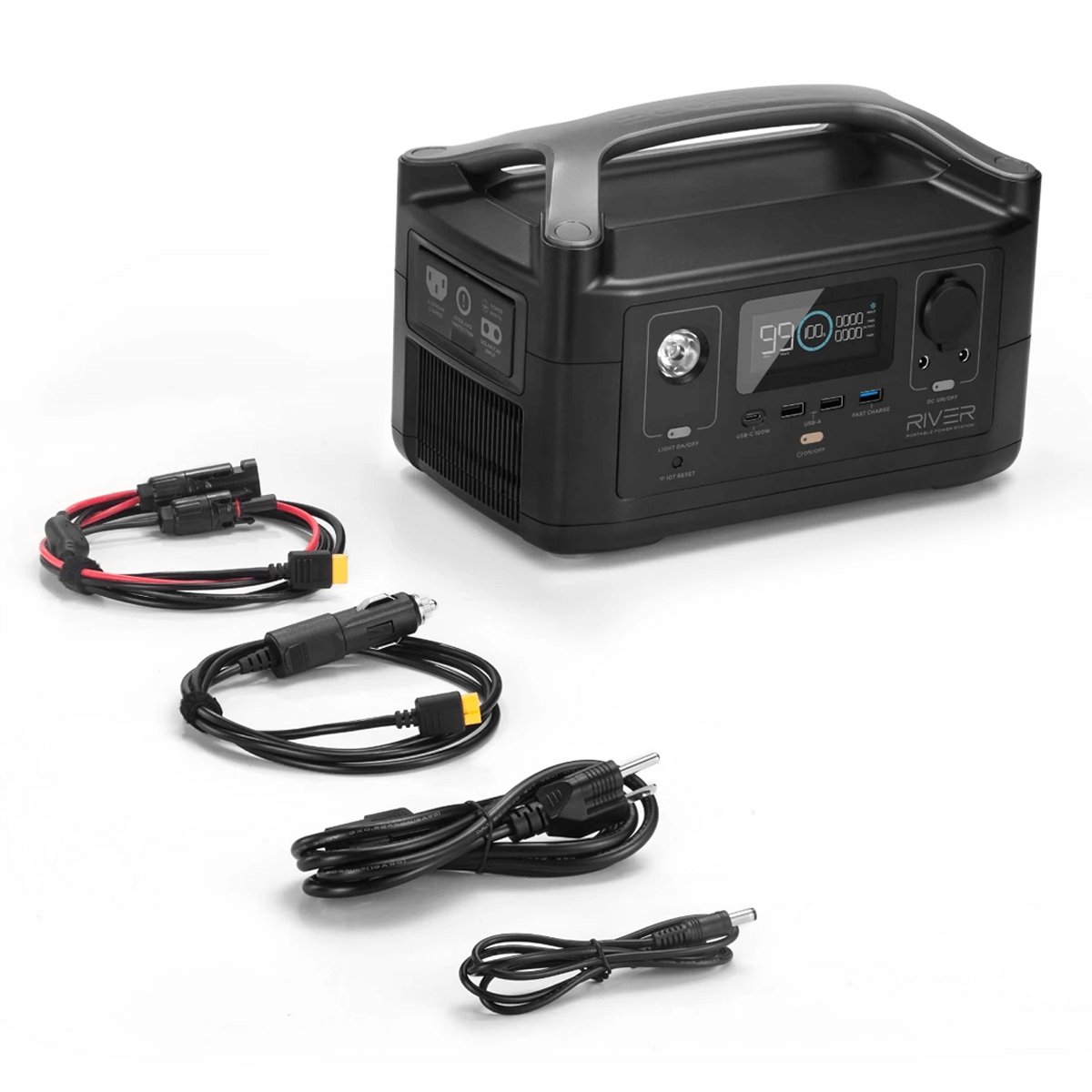 The EcoFlow RIVER - 288Wh Portable Power Station features an LCD screen and a convenient handle, and comes with various charging cables and connectors.