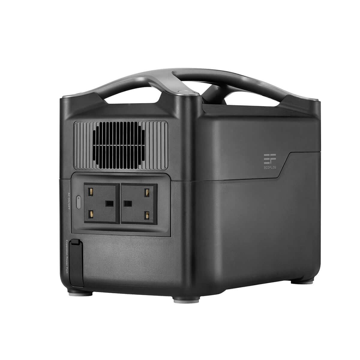The EcoFlow RIVER Pro - 720Wh Portable Power Station is a portable power station with a handle, three socket outlets, and a modern black design.