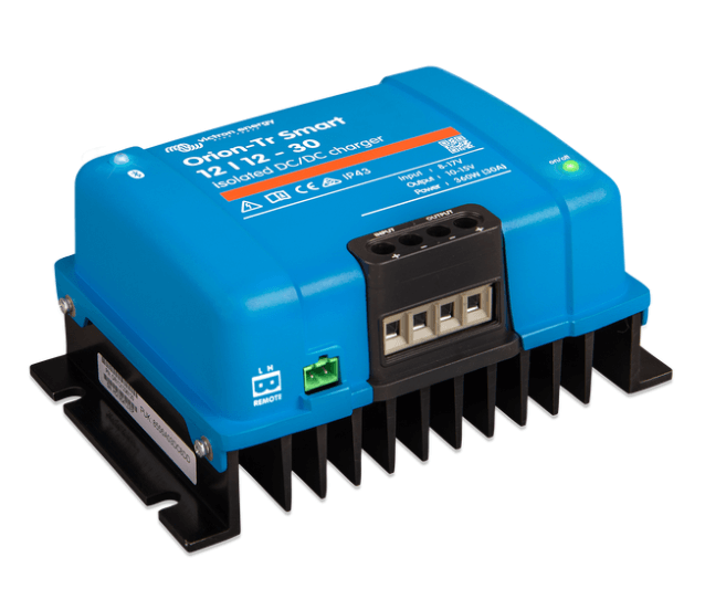 A blue Orion-Tr Smart isolated DC-DC charger with multiple connectors and a black heat sink at the bottom.