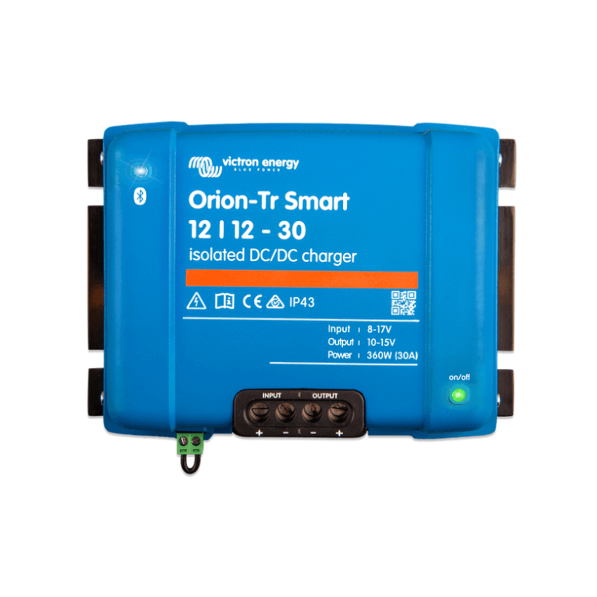 Blue Victron Energy Orion-Tr Smart DC-DC charger with input and output ports, green status light, and labels.