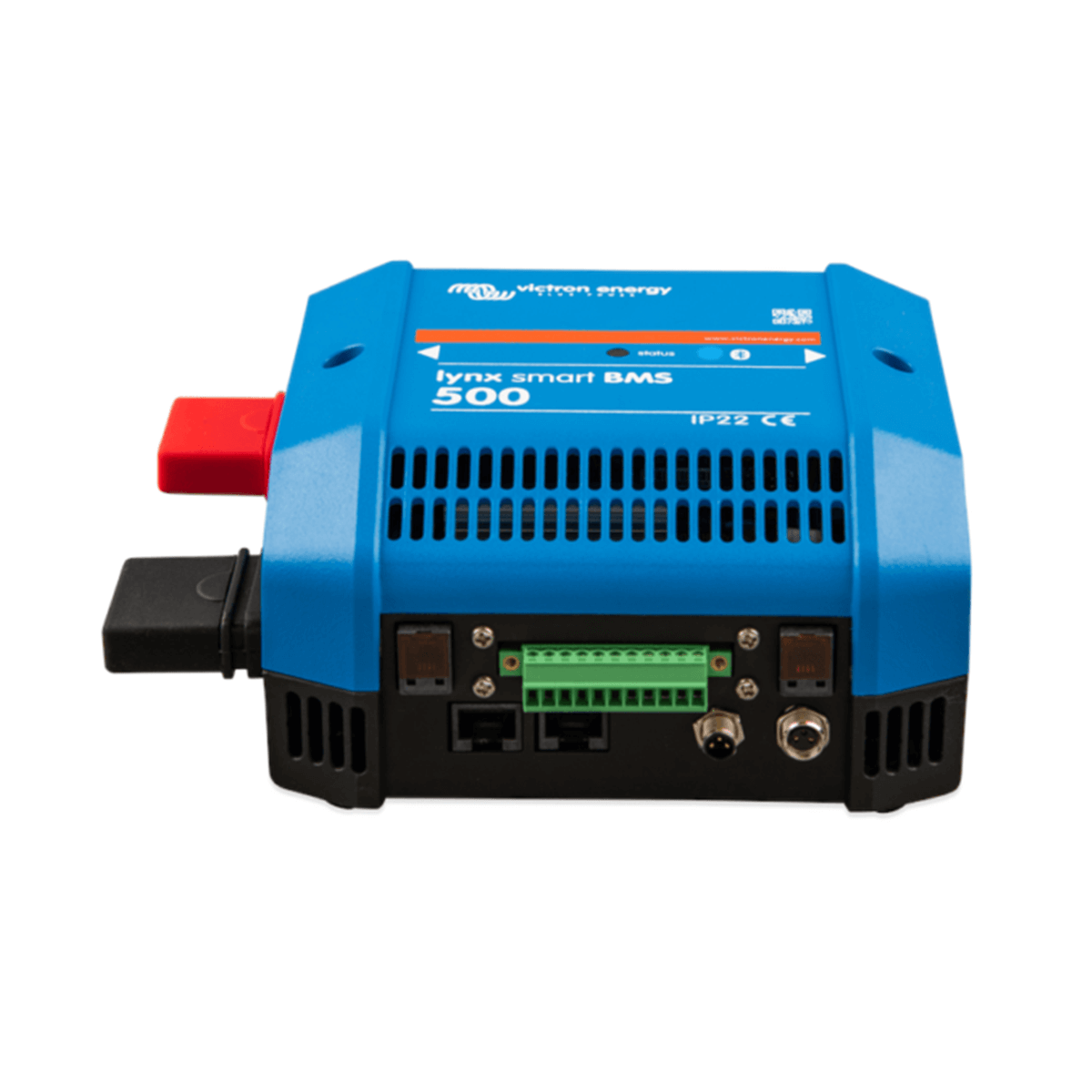 The Victron Lynx Smart BMS and Smart Shunt Battery Management - 500A device by Victron Energy features various ports and connectors on the front panel.