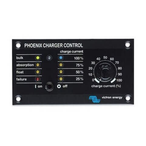 The Victron Phoenix Charger Control features status indicators and a charge current percentage dial.