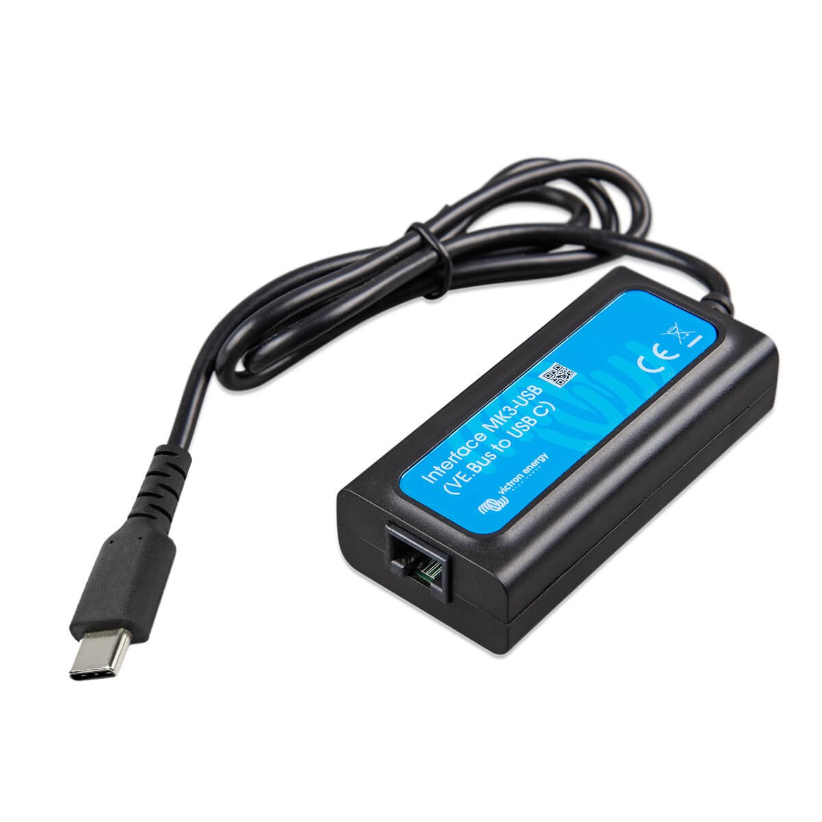 Black network adapter with USB-C connector and blue label on a white background, featuring Victron Energy Interface MK3-USB-C (VE.Bus to USB-C) for seamless VE.Bus to USB-C connectivity.