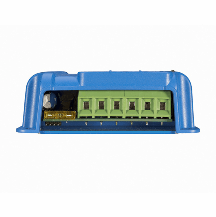 A blue electrical connector with green terminal blocks and multiple ports viewed from the front, resembling a Victron MPPT 75/10 - BlueSolar Charge Controller.