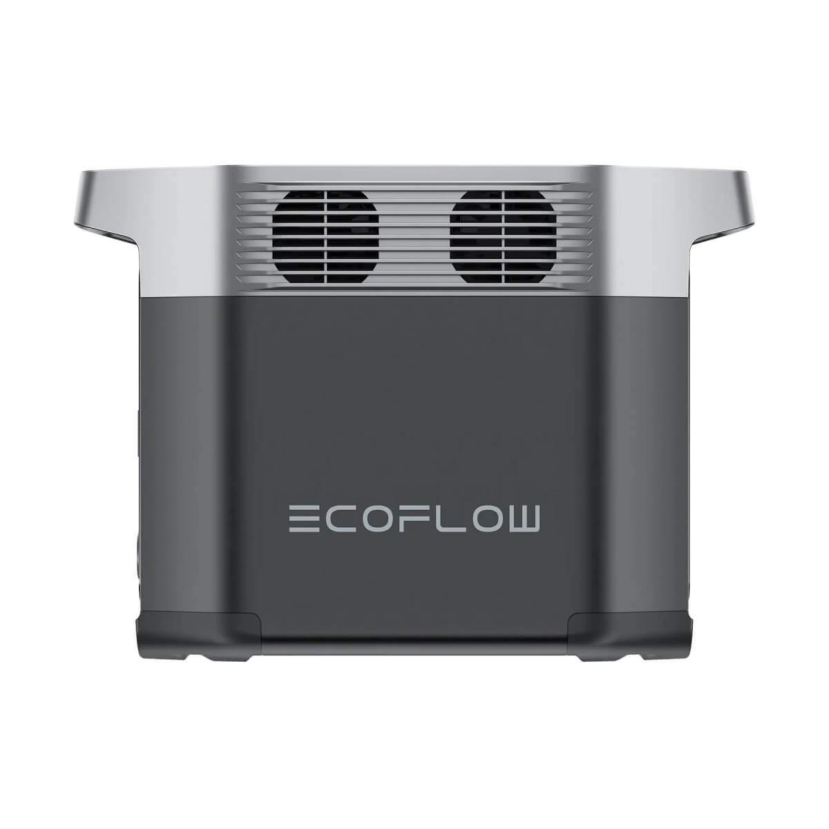 EcoFlow portable power station with dual ventilator fans on the top section and the EcoFlow branding on the front panel.