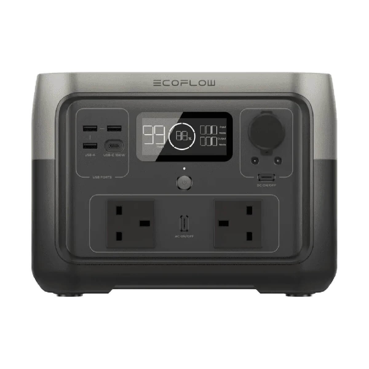EcoFlow power station with display screen, multiple ports including USB and AC outlets, and a sleek, modern design.