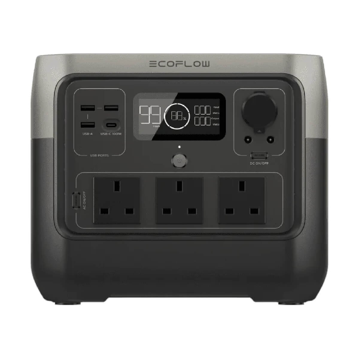 Front view of an EcoFlow portable power station with various outlets, including USB ports and AC outlets.