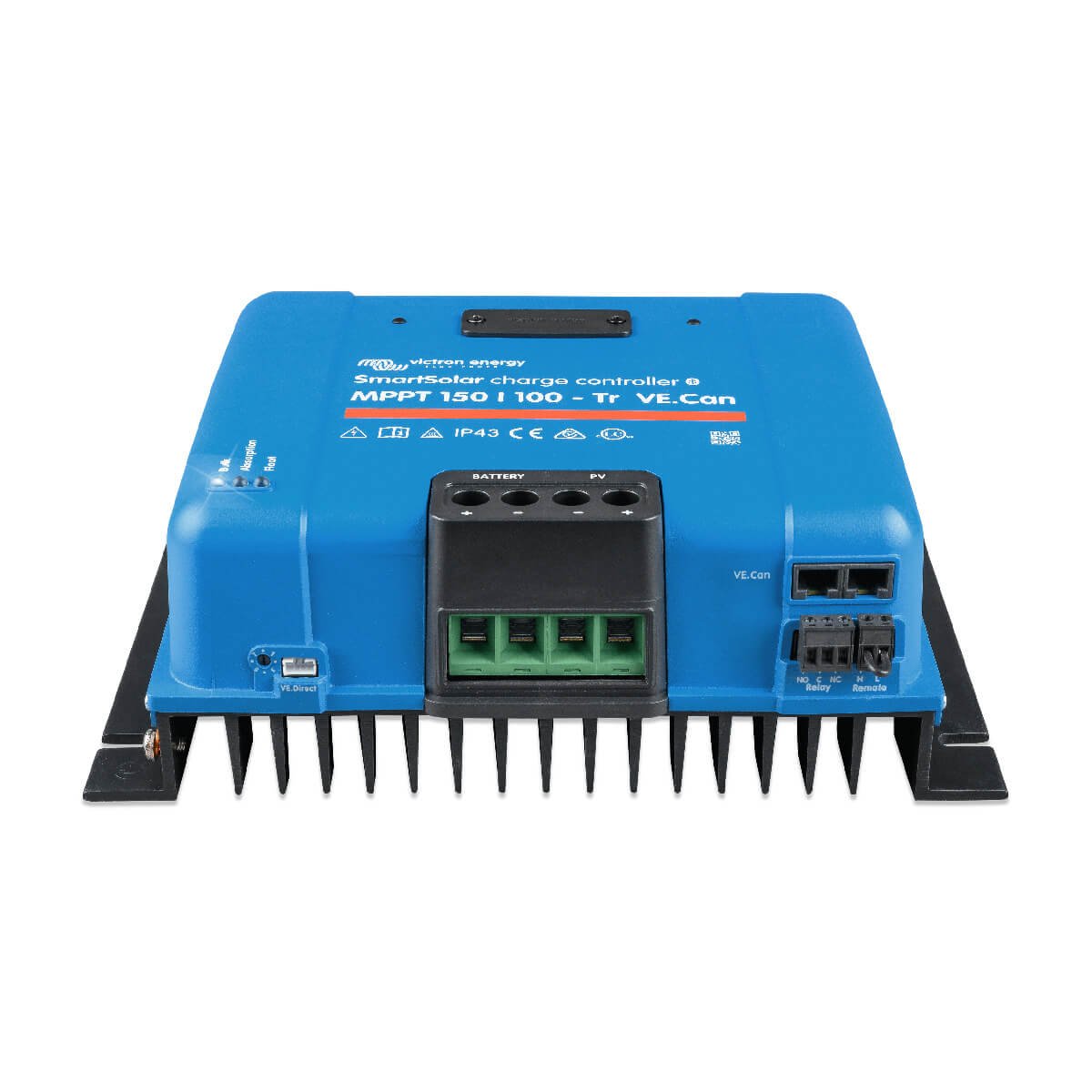 The Victron MPPT 150/100 - SmartSolar Charge Controller - Tr VE.Can (12/24V or 48V), with its multiple ports and connectors, is meticulously designed for solar energy systems.