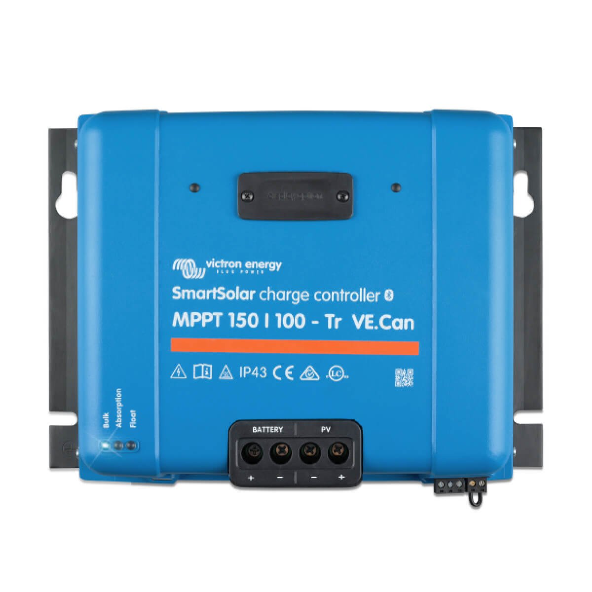 The blue Victron MPPT 150/100 - SmartSolar Charge Controller - Tr VE.Can (12/24V or 48V) with model label MPPT 150/100-Tr VE.Can, featuring various ports.