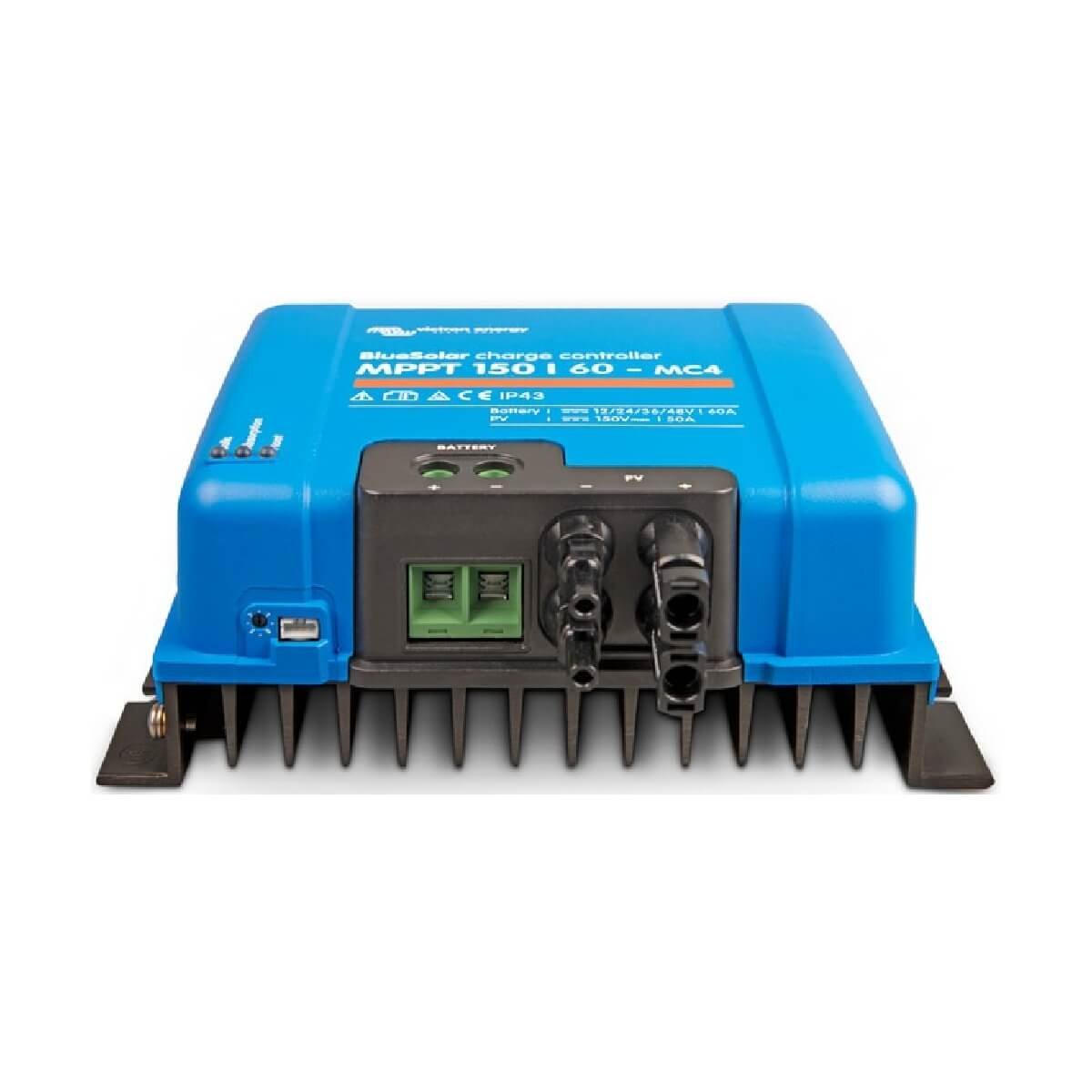 The Victron MPPT 150/60 - BlueSolar Charge Controller - MC4 features multiple connectors, including MC4, and information labels on the front.