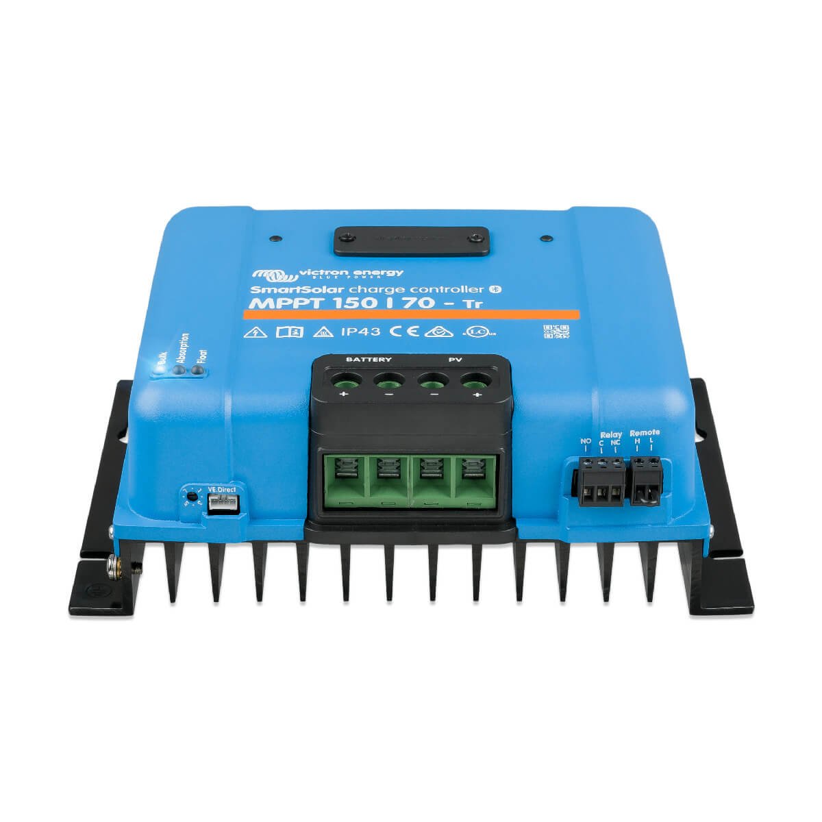 The blue Victron MPPT 150/70 - SmartSolar Charge Controller - Tr features multiple ports and cooling fins for efficient power management.