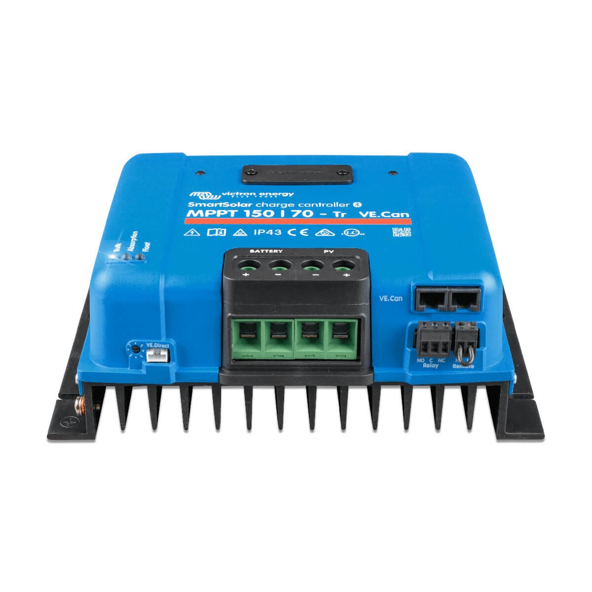 A blue Victron MPPT 150/70 - SmartSolar Charge Controller - Tr VE.Can with connectors and labels, set on a white background.