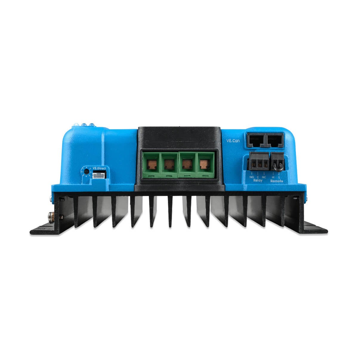 Blue electronic device with black cooling fins, green connectors, and multiple ports on top.
