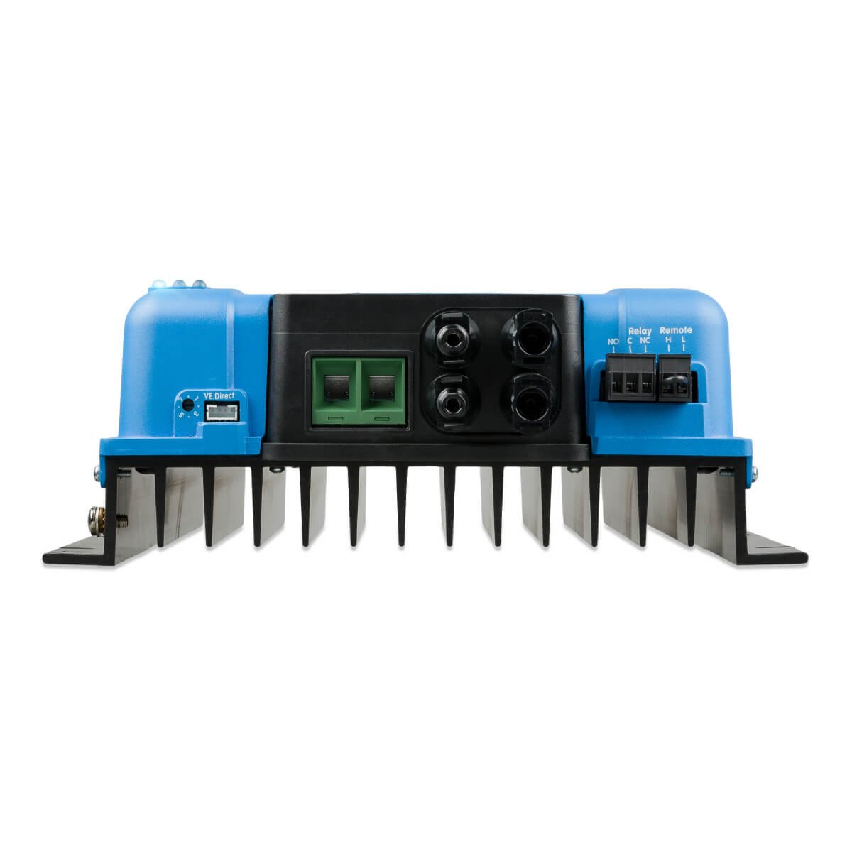 The Victron MPPT 250/60 - SmartSolar Charge Controller - MC4 features heatsink fins, multiple connectors, and ports on its front panel.