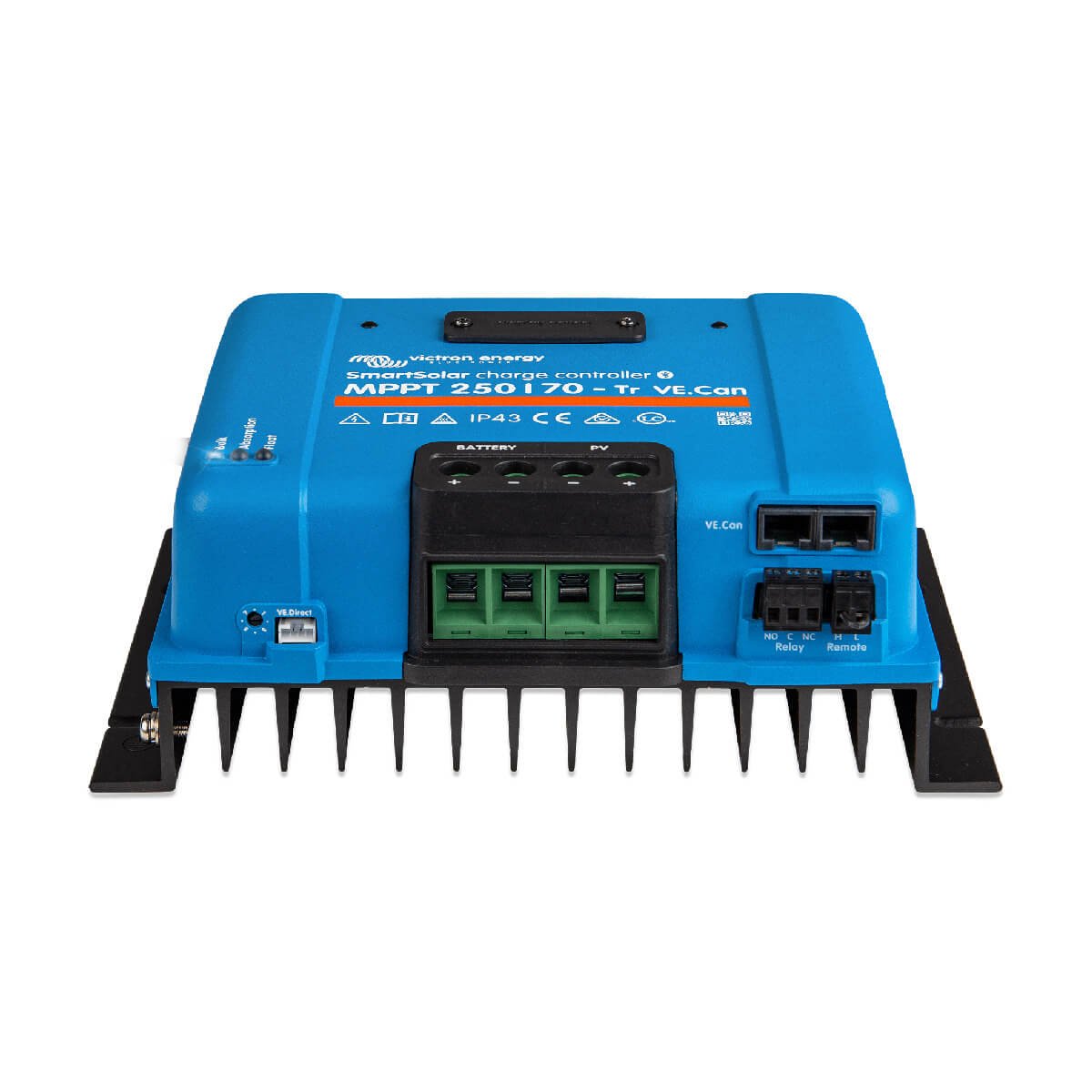Front view of a blue Victron MPPT 250/70 - SmartSolar Charge Controller - Tr VE.Can with multiple connectors and a heat sink at the bottom.
