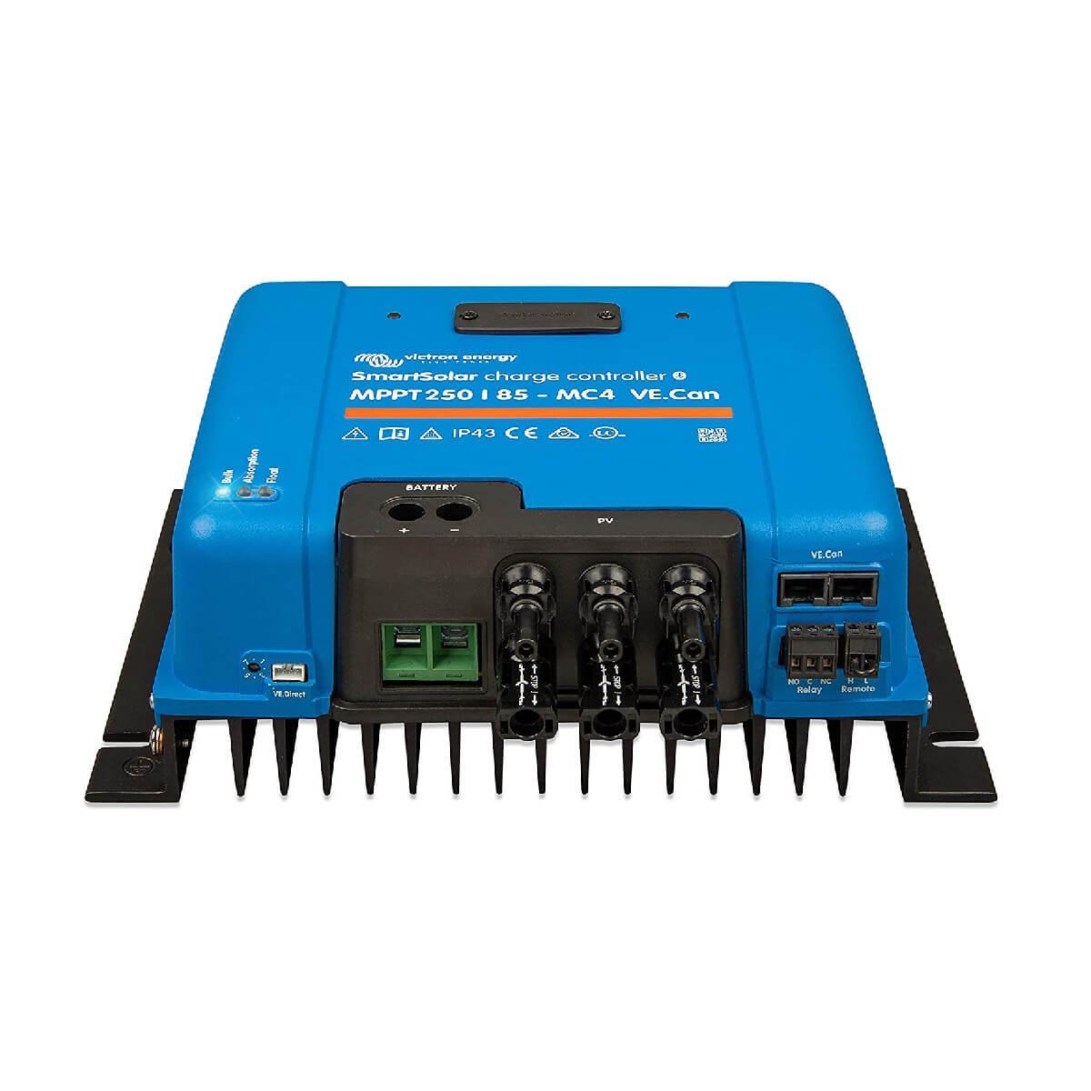 Victron MPPT 250/85 - SmartSolar Charge Controller - MC4 VE.Can with multiple connectors and ports on a black base.