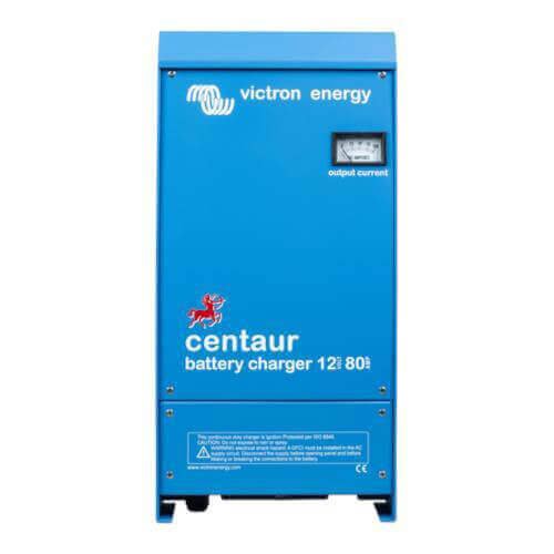 A blue Victron Centaur 12/80 - 12V 80A Charger - 3 Outputs featuring an output current meter and text details on the front, capable of delivering power through its 3 outputs.