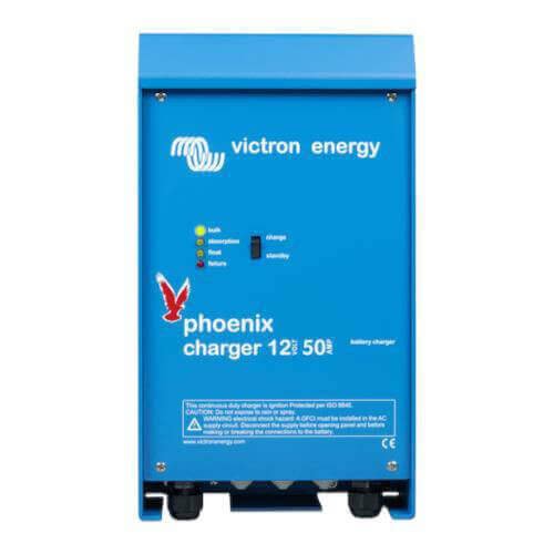 Blue Victron Energy Phoenix Charger 24V 16A 2+1 Outputs with indicator lights and a red bird logo on the front.