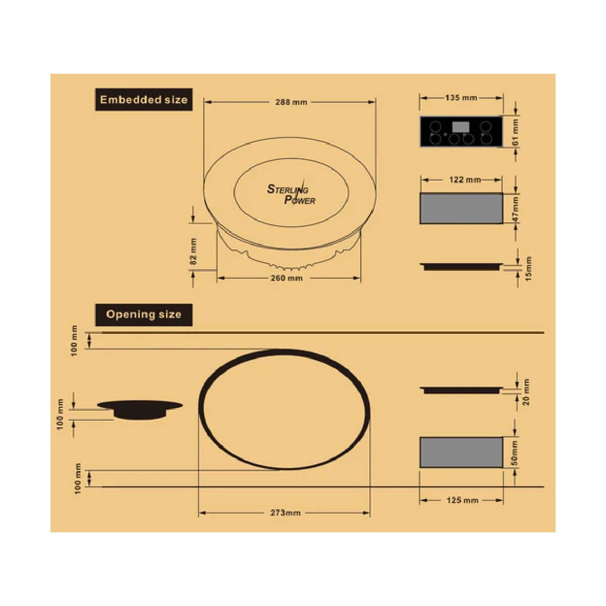Diagram displaying dimensions and specifications for embedding a circular Sterling Power Induction Hob - Fixed/Mountable, Single Ring.
