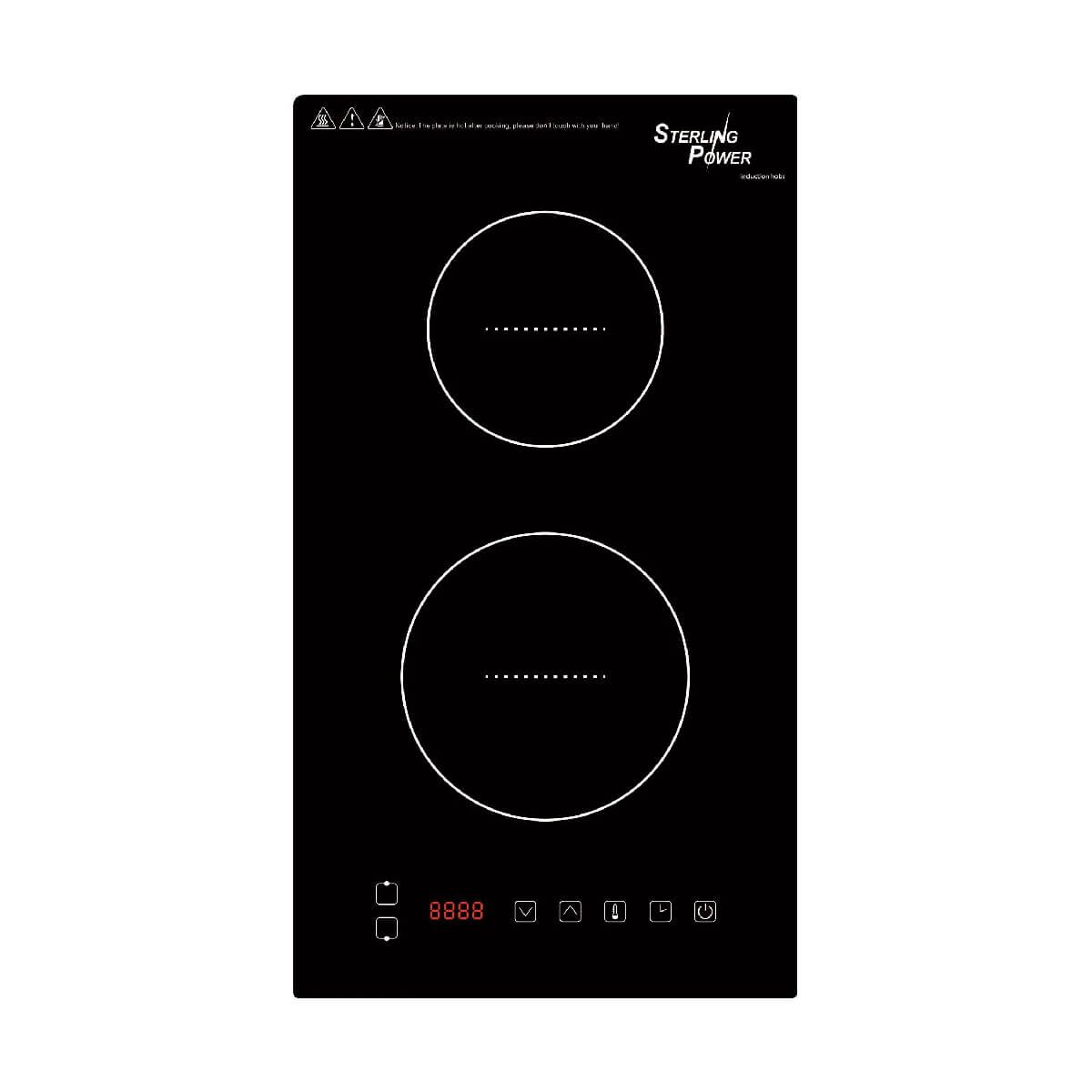 Sterling Power Induction Hob‚ Fixed‚ Front-to-Back Twin Rings features a sleek black glass-top with two circular burners and a digital control panel.