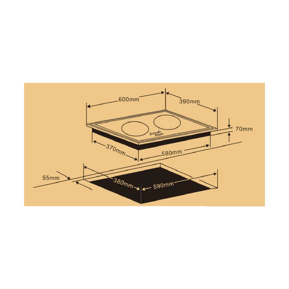 Illustration of stove installation dimensions with measurements in millimeters, featuring a Sterling Power Induction Hob - Fixed‚ Side-by-Side Twin Rings for modern kitchen setups.