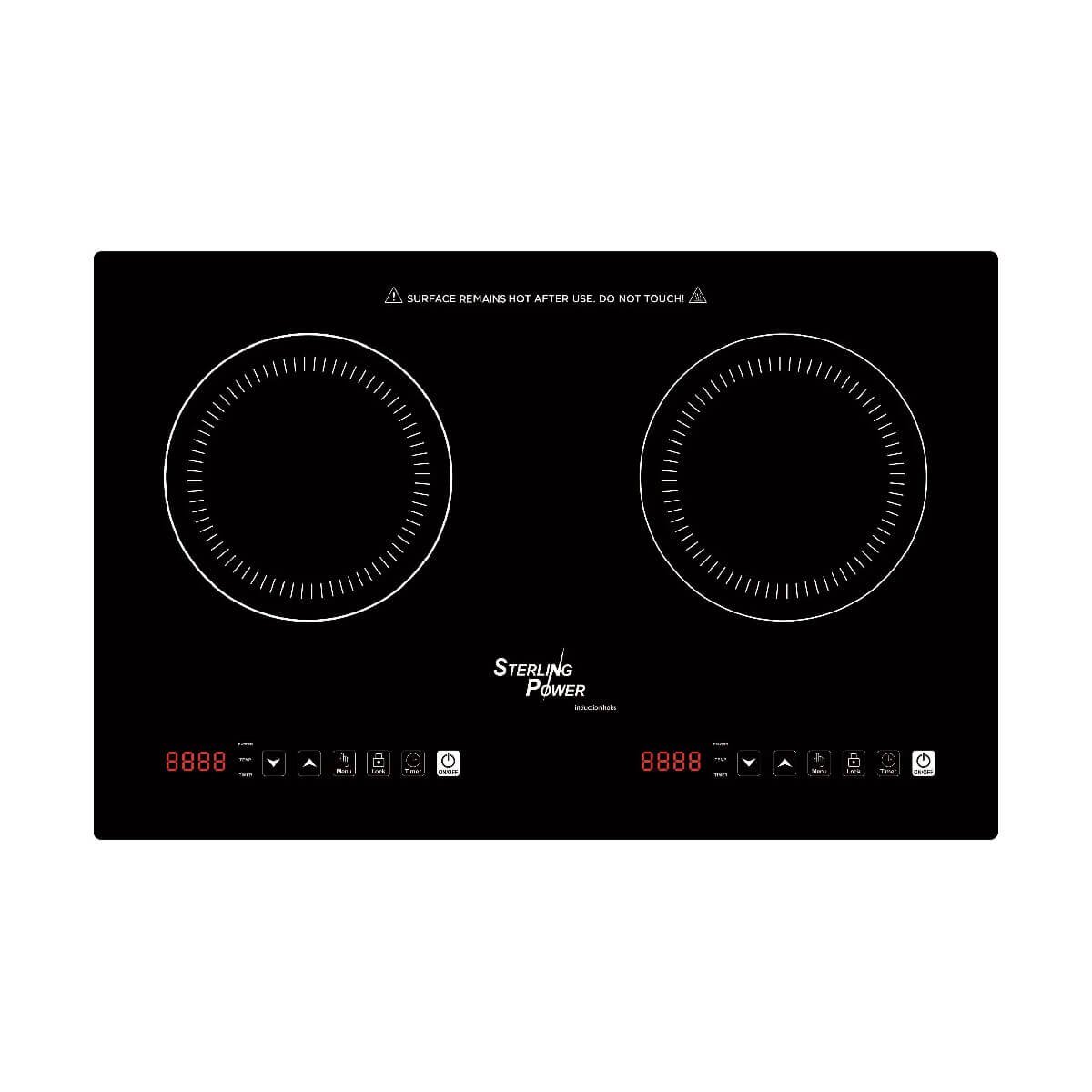 Black induction cooktop with two circular burners and a digital control panel in the front, labeled "Sterling Power Induction Hob - Fixed‚ Side-by-Side Twin Rings.