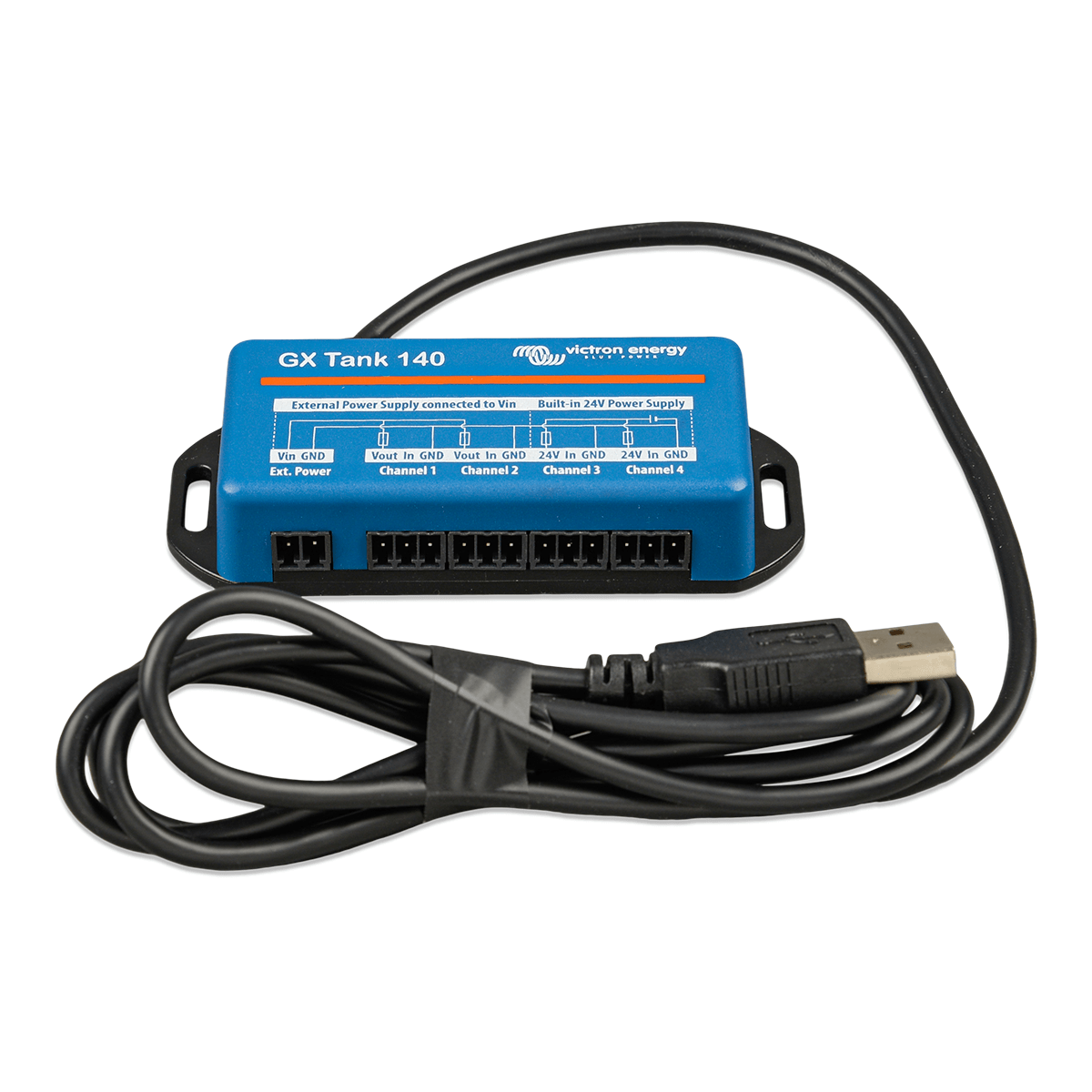 The Victron GX Tank 140 - Voltage Sensor for Tank Level Monitoring, featuring multiple ports and a connected USB cable, is designed for seamlessly monitoring tank levels.