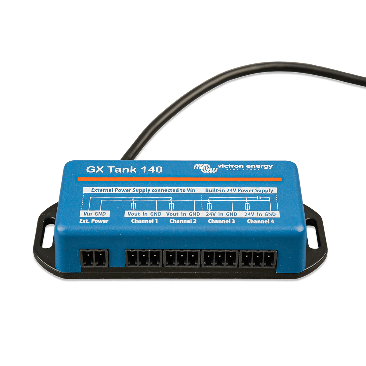 The Victron GX Tank 140 - Voltage Sensor for Tank Level Monitoring from Blue Victron Energy features multiple connectors and is set against a pristine white background.