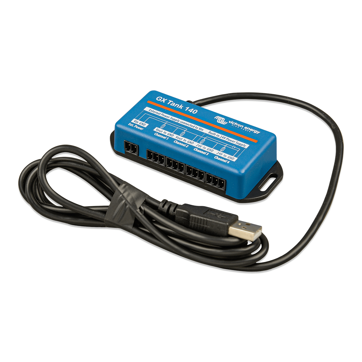 The blue electrical module, labeled "Victron GX Tank 140 - Voltage Sensor for Tank Level Monitoring," comes with a USB cable and features several ports along with a detailed diagram on top.