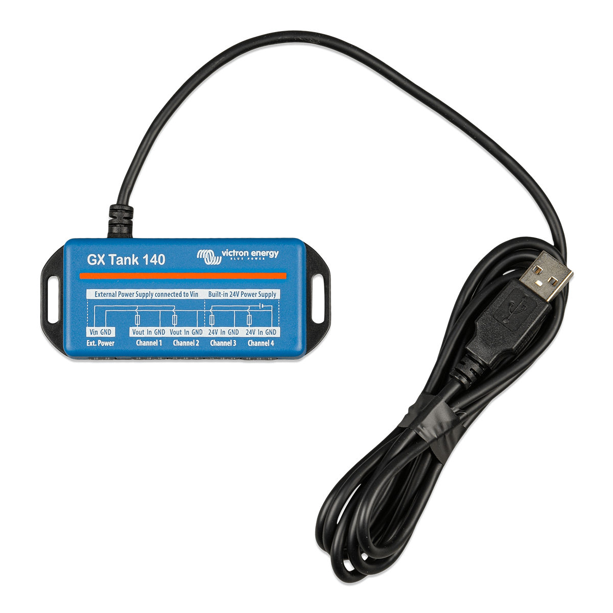 The blue and black Victron GX Tank 140 - Voltage Sensor for Tank Level Monitoring comes with a USB cable attached and features various connection ports and channels.