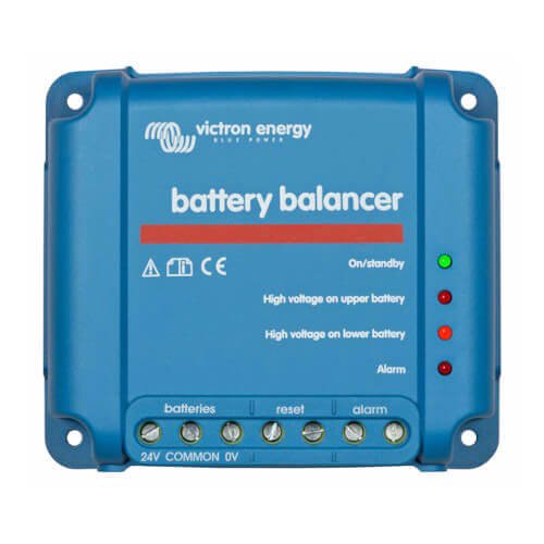 A blue Victron Energy Battery Balancer with indicator lights and various labeled ports.