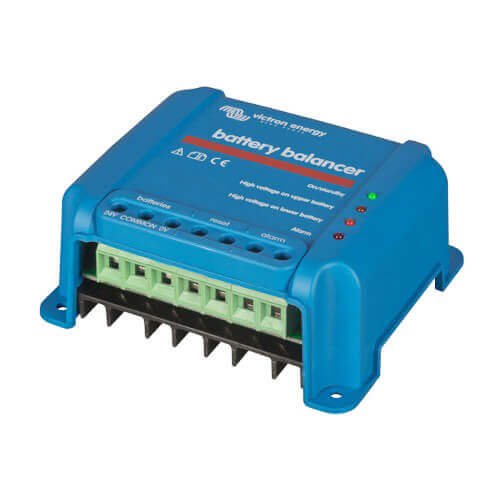 A blue Victron Energy Battery Balancer equipped with connections and indicator lights ensures optimal performance.