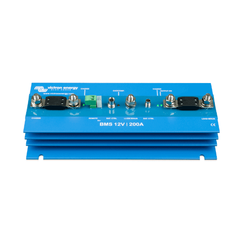 Blue lithium battery management system unit labeled "Victron Battery Management System BMS 12/200 - 12V‚ 200A" with various connectors and terminals, easy to integrate into your Victron Battery Management System setup.