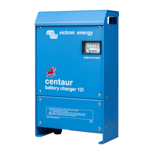 The blue Victron Centaur 12/20 - 12V 20A Charger - 3 Outputs features an analog output current meter on the front and offers 3 outputs for versatile charging needs.