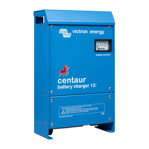 The blue Victron Centaur 12/20 - 12V 20A Charger - 3 Outputs, featuring an output current meter on the front, also includes 3 outputs for versatile charging needs.