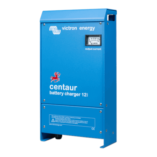 Blue Victron Centaur 12/50 - 12V 50A Charger - 3 Outputs with an analog output current meter on the front.