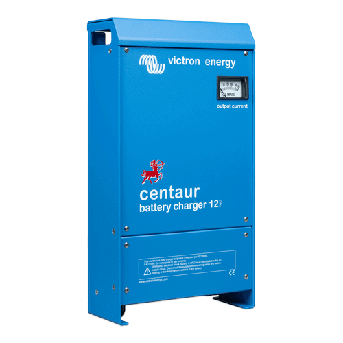 Blue Victron Centaur 12/50 - 12V 50A Charger - 3 Outputs, with output current meter, against a white background.